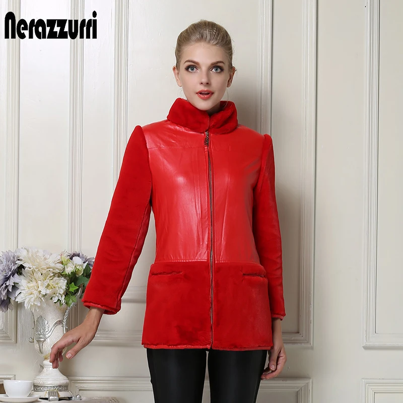 Nerazzurri, весенне-осенняя Женская куртка из искусственной кожи, Женская куртка размера плюс, красная, черная, пэтчворк, пальто из искусственного меха, 5xl, 6xl, плюшевая куртка на молнии - Цвет: Red