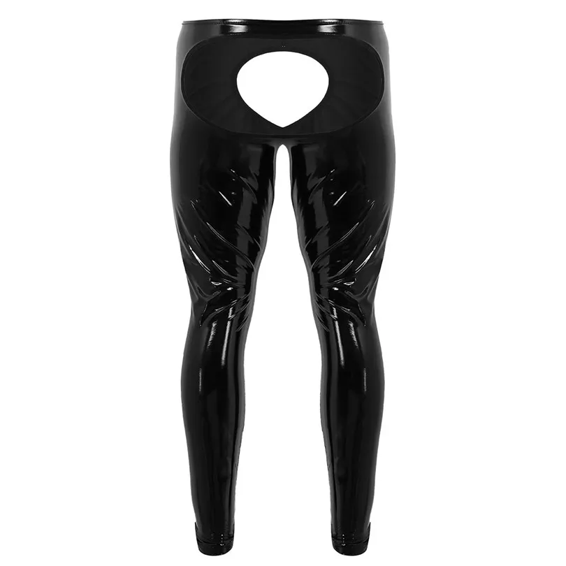 Black Mens Lingerie Wetlook Shiny Patent Leather Legging Pants Slim Fit Open Back and Open Pouch Tight Pants Leggings Trousers