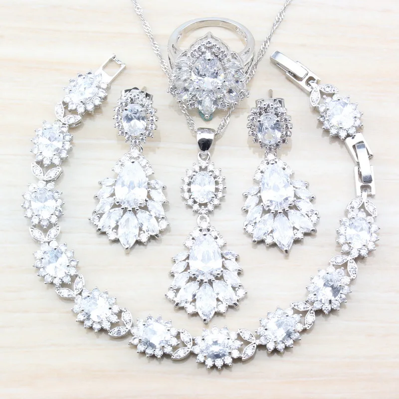 

925 Sterling Silver Wedding Party Women Jewelry Sets White Zircon Earrings Ring Necklace Pendant Bracelet Free Gift JS154