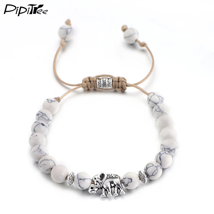 

Pipitree Cute Elephant Charm Bracelet Men Jewelry Natural White Stone Beaded Rope Braiding Yoga Bracelet Brand Pulsera Hombr