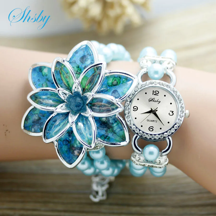 shsby fashion Women Rhinestone Watches Ladies pearl strap Many petals