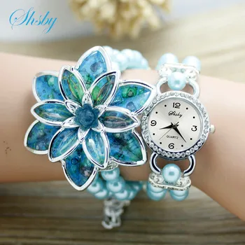 shsby fashion Women Rhinestone Watches Ladies pearl strap Many petals flower bracelet quartz wristwatches women dress watches stylish rhinestone flower leaf bracelet for women