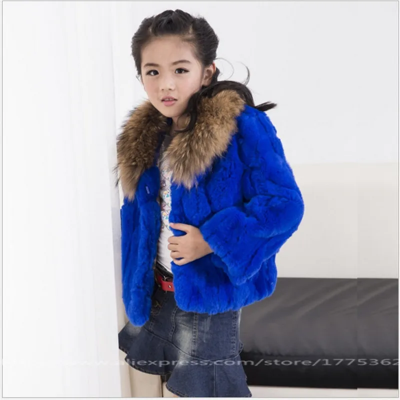 

Children Rabbit Fur Coat with Raccoon Fur Shawl Collar Kids Girls Autumn Winter Warm Thick Short Outerwear Clothing Jackets C#10