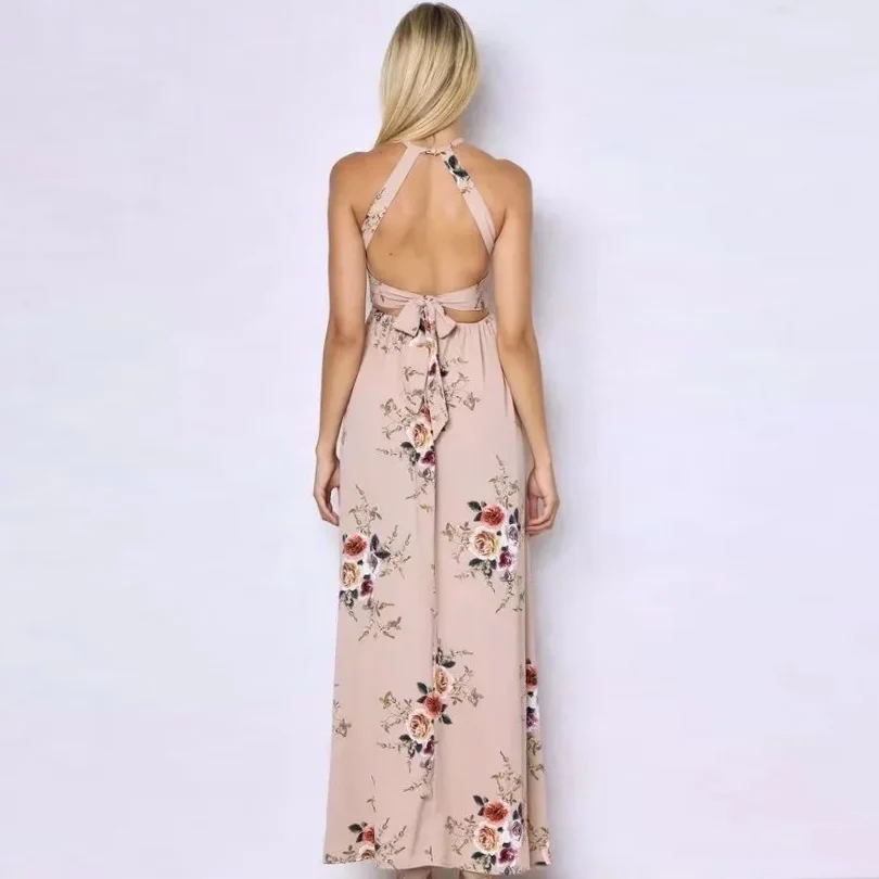 Boho Макси платье Для женщин Холтер Лук галстук Цветочный принт ноги Разделение