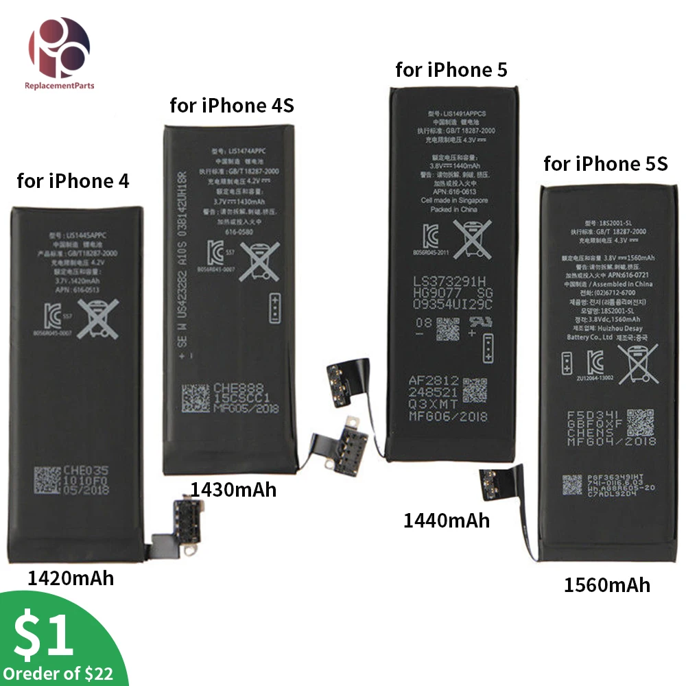 

New Pure Cobalt Batteries for iPhone 4 4S 5 5S zero Cycle Inner built-in Li-ion Battery 1420/1430/1440/1560mAh Original Capacity