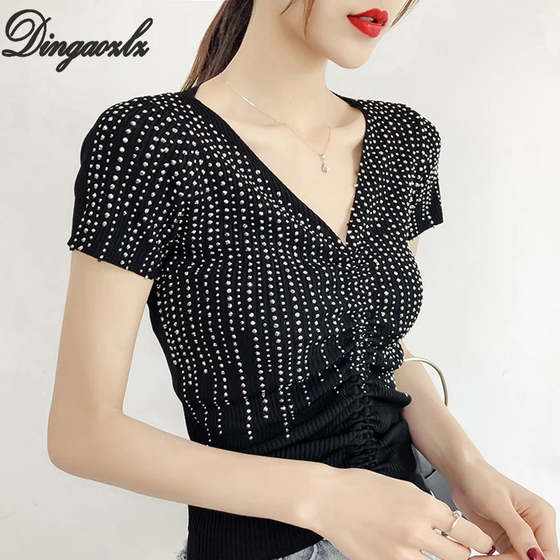 

Dingaozlz 2019 Knitted shirt Female Summer Sexy Women Pullovers hot drilling Short Sleeve White Tops