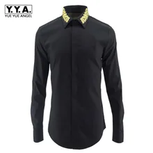 Новые весенние мужские черно-белые рубашки для бизнеса, торжественных случаев с длинным рукавом с цветочной вышивкой вырез горловины свадебное платье рубашки деловой костюм для стройных Топ