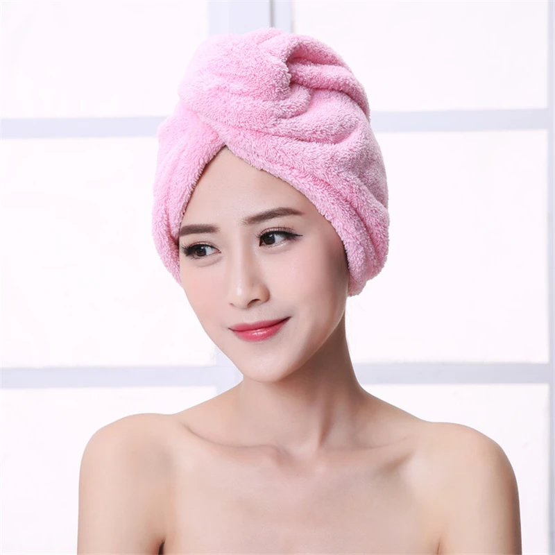 

Thicken Coral Velvet Dry Hair Bath Hooded Towel Microfiber Quick Drying Turban Super Absorbent Women Hair Cap Wrap with Button