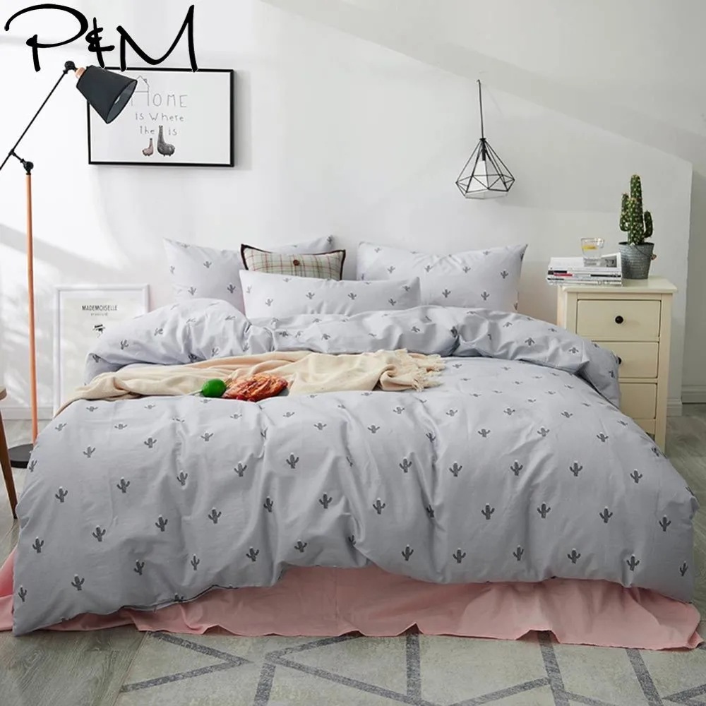 

2019 PAPA&MIMA Brief Grey Cactus INS Bedding Set Duvet Cover Set 3/4pcs Twin Queen King Customize Size Cotton Bedlinens