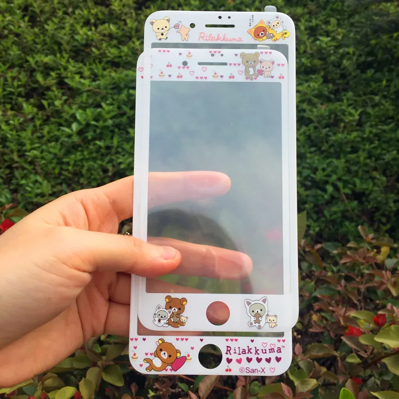 

8PLUS Cartoon Print Relax Bear kuma Carbon Fiber Front Screen tempered glass Protector For iPhone8 6S/7PLUS body Protection