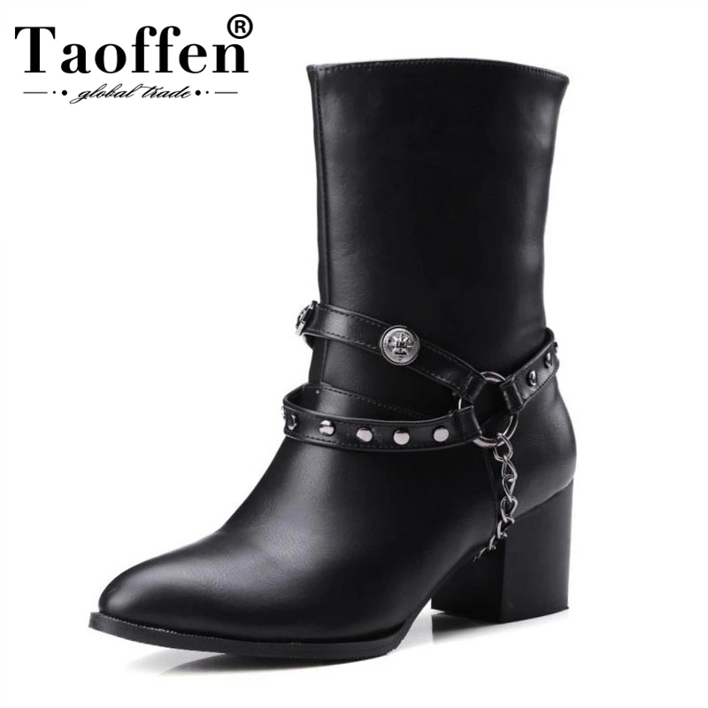 

TAOFFEN Size 32-48 Women High Heel Boots Rivet Chain Warm Fur Shoes Women Winter Western Mid Calf Boots Motorcycle Punk Shoes