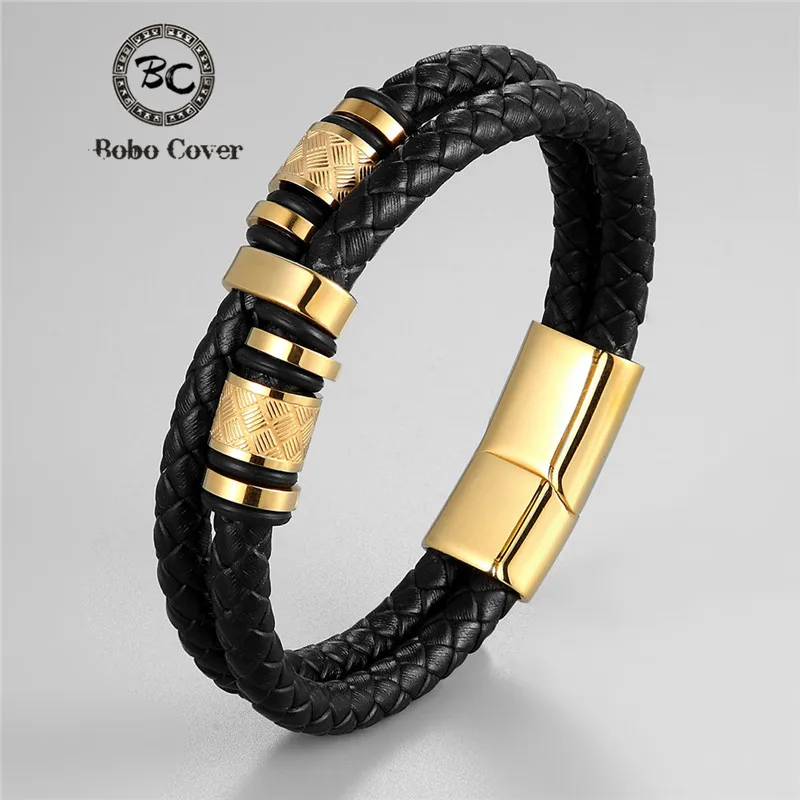 

Genuine Leather Golden Stainless Steel Bracelets Homme Double Layer Men Black Magnet Clasp Friendship Luxury Jewelry Male Gifts