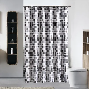 

Black and Grey Plaid Bathtub Bathroom Fabric Shower Curtain 71x71 inches Waterproof Mildewproof With 12 Hooks Bath Curtains