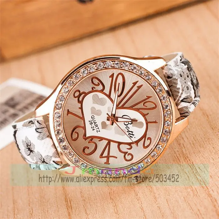 

100pcs/lot batti-2b24 big number watch rainbow color leather watch wrap quartz dress crystal watch heart design casual watch