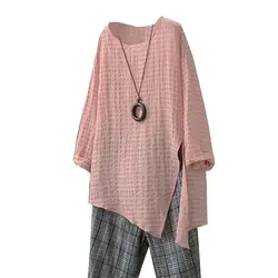 M-4XL Для женщин блузка в винтажном стиле, с длинным рукавом разрез нерегулярные Туника Топы плюс Размеры Свободные мешковатые более Размеры