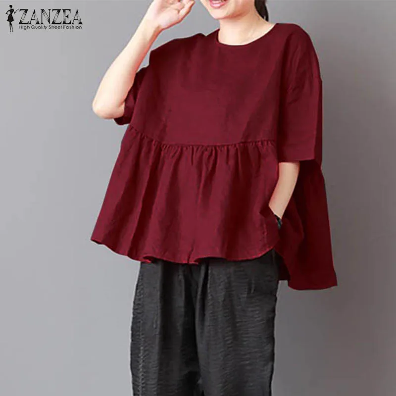 Plus Size ZANZEA Women O Neck Pleated Short Sleeve Tops Loose Baggy Blusas Solid Summer Cotton Linen Blouse Work OL Shirt 2018 |