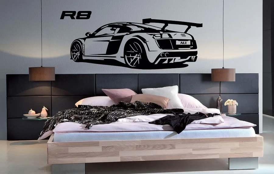 

Customizable personalized name R8 Super car vinyl wall stickers Sports car enthusiasts youth room shool home wall decal 2CE20