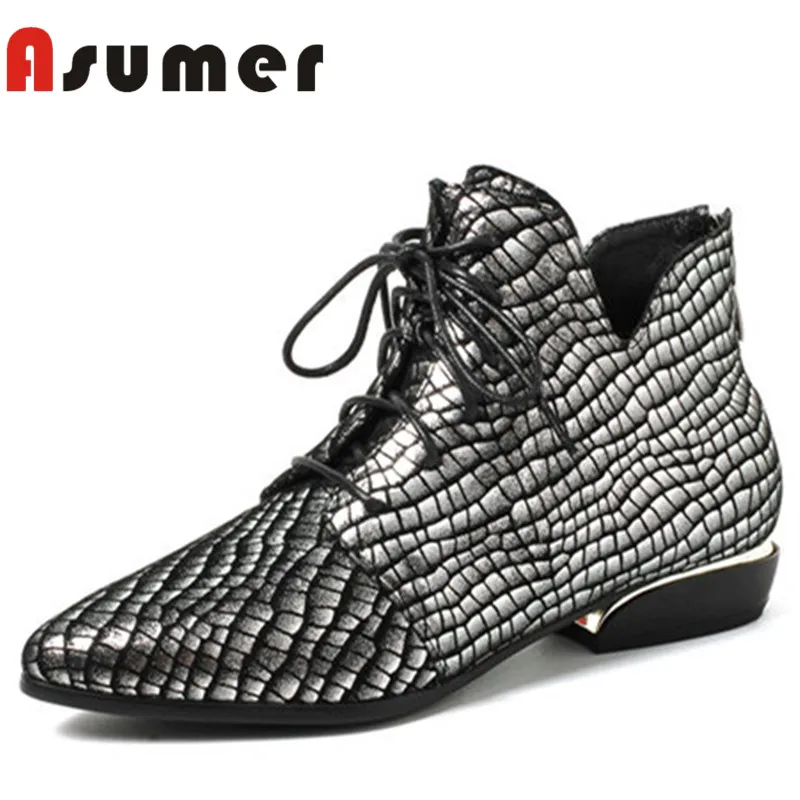 

ASUMER NEW 2018 pointed toe lace up ankle boots for women fashion high quality genuine leather boots winter unique shallow boots