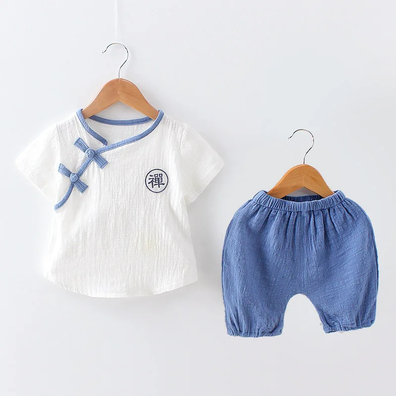 Комплекты одежды в китайском стиле для маленьких девочек и мальчиков, Детская льняная однобортная футболка+ однотонные шорты, 2 предмета в комплекте, удобный костюм - Цвет: Синий