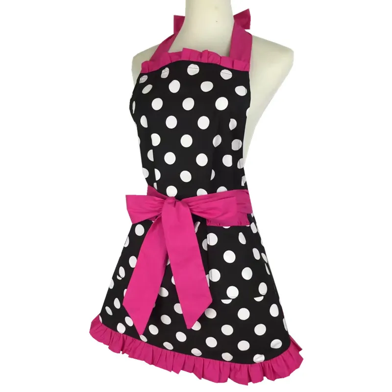 XiuMood New Fashion Sweetheart Adult Bibs Dots Cotton Fabric Kitchen Cooking Aprons Dress For Woman Waiter With Pocket