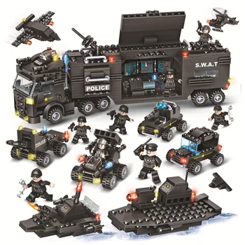 

750pcs Policeman Truck Building Blocks Sets Truck Gunship Helicopter Vehicle Creator Bricks Toys For Children