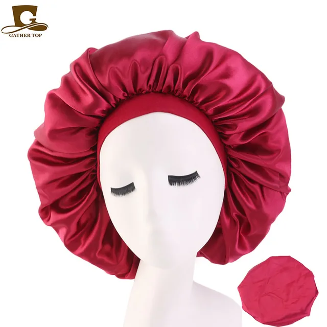 New Women Big Size Beauty print Satin Silky Bonnet Sleep Night Cap Head Cover Bonnet Hat for For Curly Springy Hair Black 405A Wine