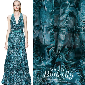 

110CM 12MM Blue Rose Print Silk Crepe Fabric for Summer one-piece Dress Shirt Clothes Pants B095