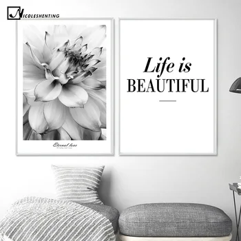 

Black White Flower Inspiration Poster Life Quote Canvas Print Minimalist Wall Art Painting Nordic Decorative Picture Home Decor