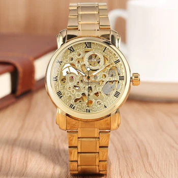 

Top Brand Luxury Gold WINNER Men Watch Cool Mechanical Automatic Wristwatch Stainless Steel Band Male Clock Skeleton Roman Dial