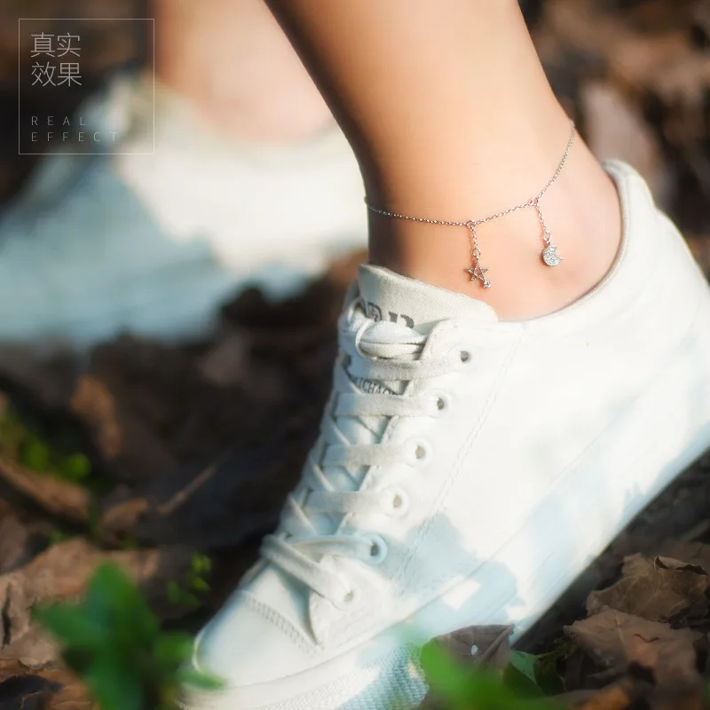 

1pc 925 Sterling Silver Crescent Moon& Star White CZ Paved Star Chain Anklet bracelet adjustable LS215
