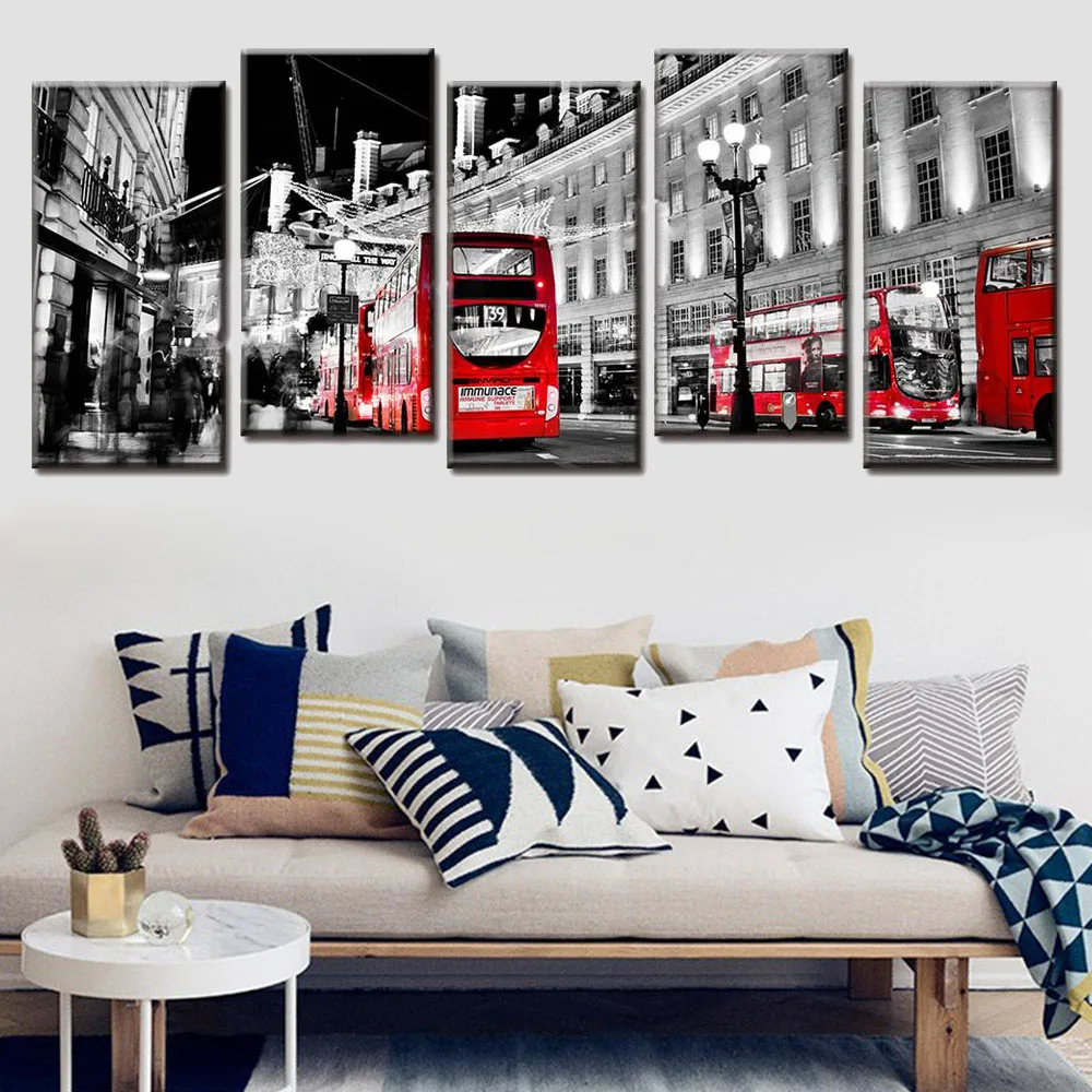 

5 Pcs/Set Modern City Night View Wall Paintings Red Bus Canvas Printing City Landscape Wall Pictures for Living Room Unframed
