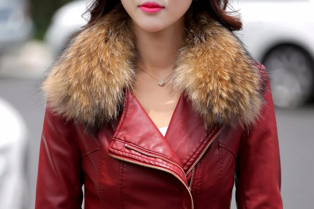 Большая кожаная куртка с меховым воротником для женщин, новинка, кожаное пальто для женщин, короткая тонкая мотоциклетная кожаная одежда, женская верхняя одежда красного цвета