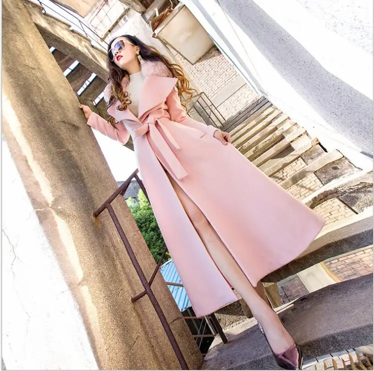 

2018 Women Pink Winter Coat Collared Belted Hepburn Style Swing Woolen Coat Full Sleeves Flared Maxi Coat