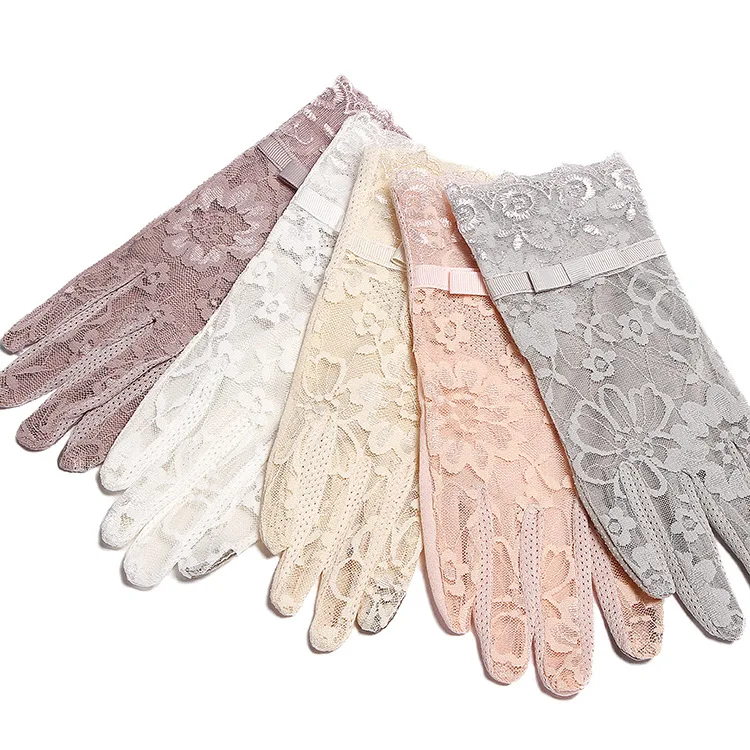

Summer Women Short Sunscreen UV Anti Slip Driving Lace Gloves Full Finger Sun Spring Touch Screen Ladies Bow Dress Gloves White