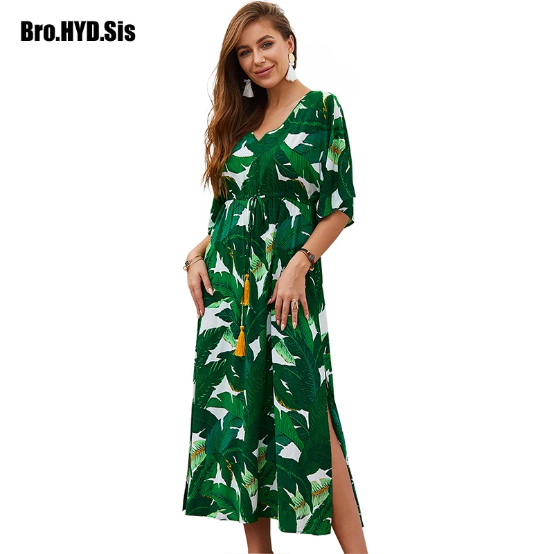

Chic Maxi Women Dress Green Yellow Cotton Floral Print V Neck A-Line Vocational Boho Dresses Fall Woman Celebrity Clothing