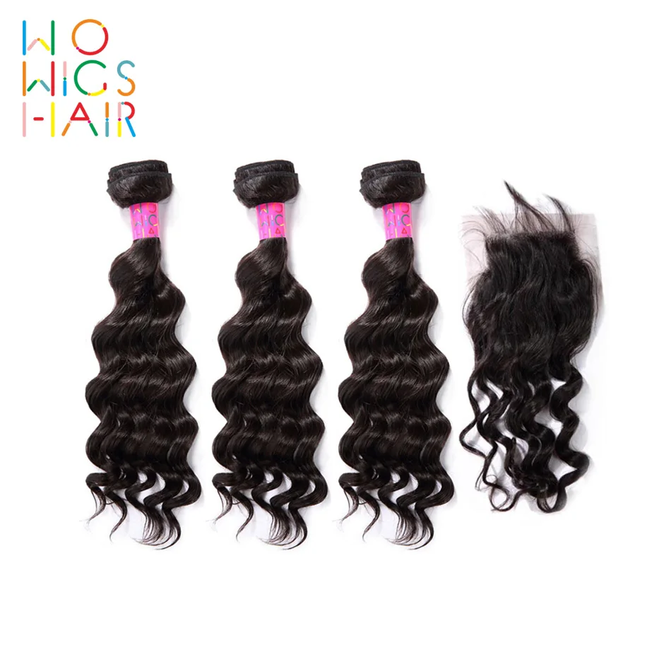 

WoWigs Hair Indian Hair Remy Hair Deep Wave 3 Bundles Deal With Top Lace Closure / Frontal Natural Color 1B