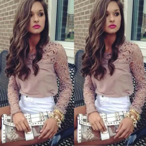 

New Fashion Women Lace Floral Long Sleeve T-Shirt Round Collar Casual Solid O-Neck Hollow Out Office Bodycon Ladies Shirt
