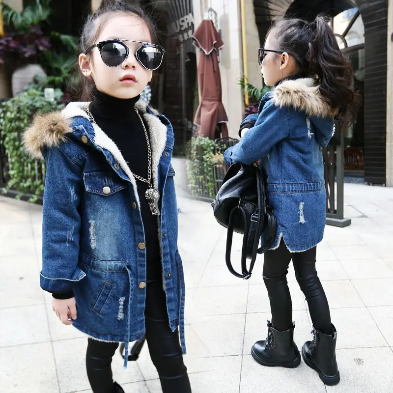 Зимняя куртка для девочек детская одежда джинсовые куртки длинная теплая одежда Детские пальто хлопковая верхняя одежда с капюшоном