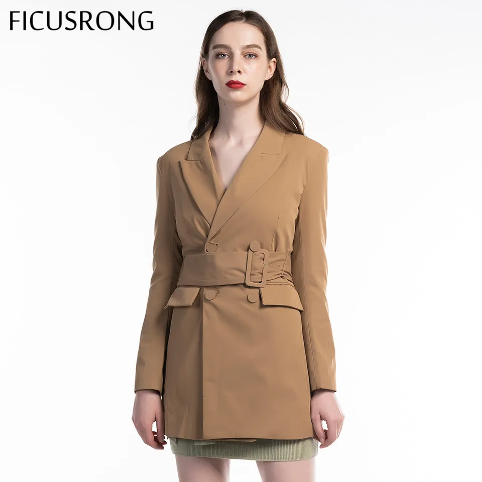 

FICUSRONG 2019 New Autumn Women Coat Khaki V Neck Medium Long Blazer With Belt Elegant Solid Pocket Double Breasted Outwear