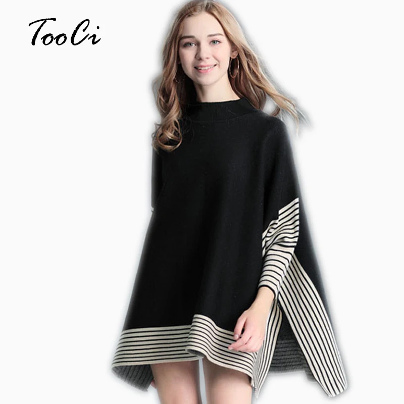 

Women Ponchos And Capes Sweaters Spring Casual Pullover Shawl Female Black Batwing Sleeve Stripes Loose Poncho Cloak