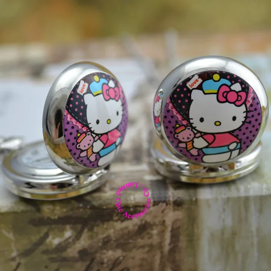 

wholesale price good quality silver mirror sketch drawing cat hello kitty pocket chain watch necklace hour clock antibrittle