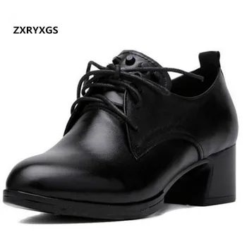 

ZXRYXGS Brand Shoes Woman Shoes New 2019 Spring Lace Single Real Leather Shoes Fashion Casual Shoes Round Head High Heels 4 Cm