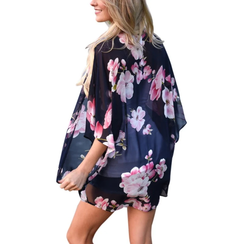 2018 Women Fashion Summer Blouse See Through Ladies Vintage Floral Print Chiffon Kimono Cardigan Casual Beach Shawl