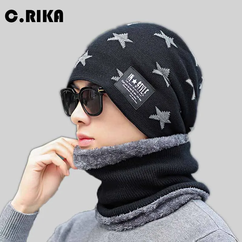 

hot selling 2pcs ski cap and scarf cold warm leather winter hat for women men Knitted hat Bonnet Warm Cap Skullies Beanies