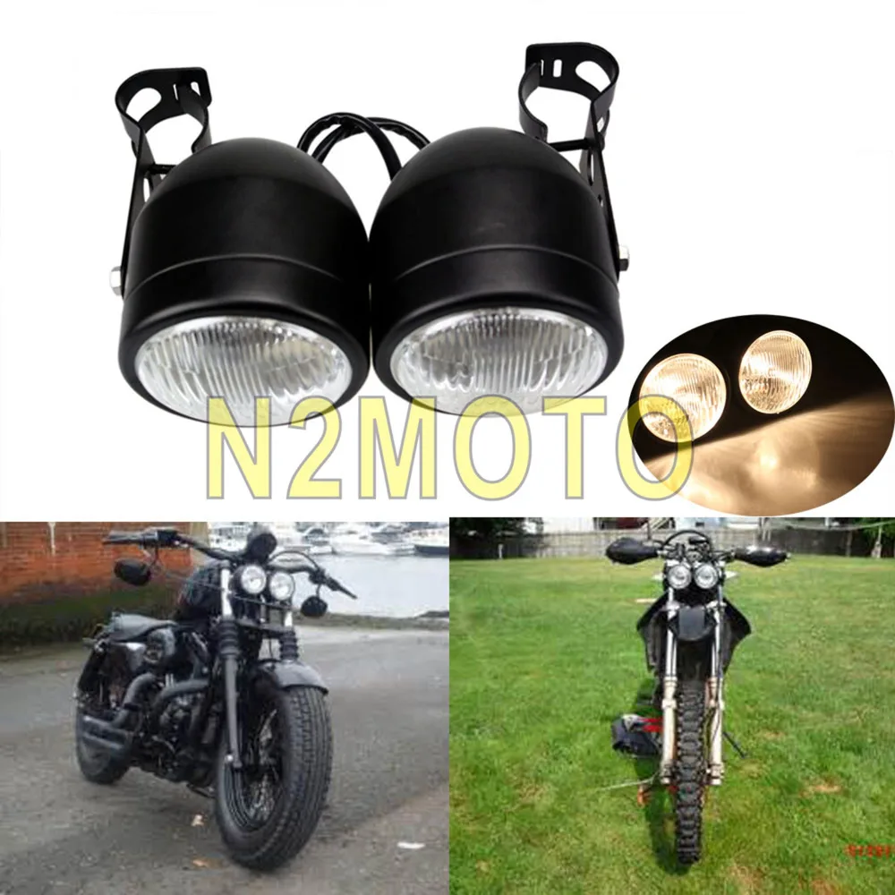 

Matte Black Twin Round Headlight HI/LO H4 Streetfighter with Mounting Bracket for Haley Bobber Chopper Cafe Racer