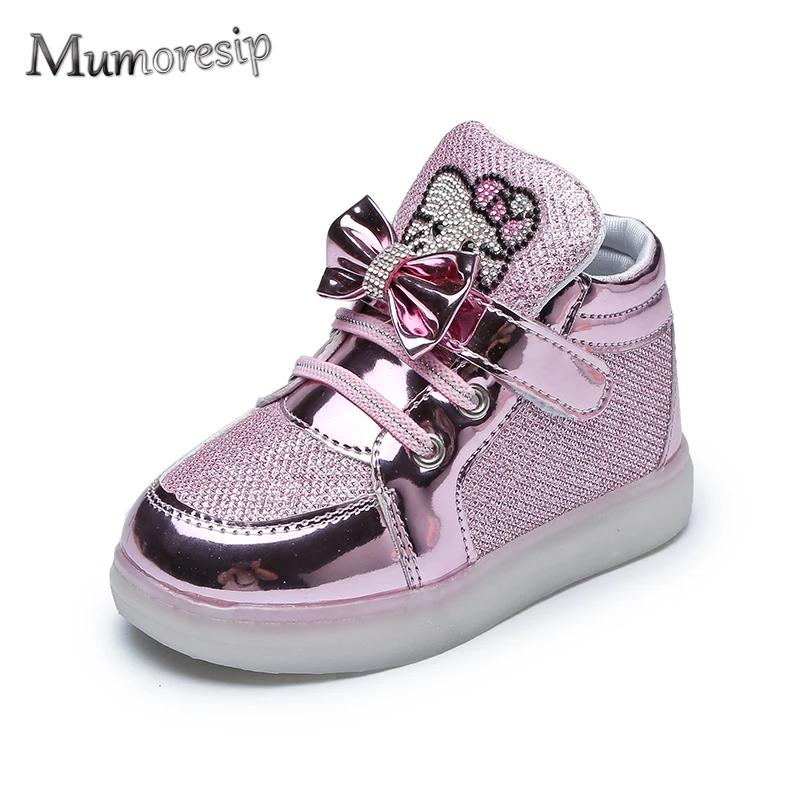 

Mumoresip Kids Shoes Children Glowing Sneakers Baby Girls Hello Kitty Shoes LED Light Luminous Shoes Rhinestone With Bow-knot
