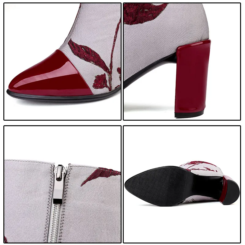 Zapatos Impresión Cuero Tacones Pantorrilla Larga Phoentin Botas Flor Media Alta Tinto Vino Patchwork La Ft531 Genuino Mujeres De Para Cremallera Las TXpqWpZ7v