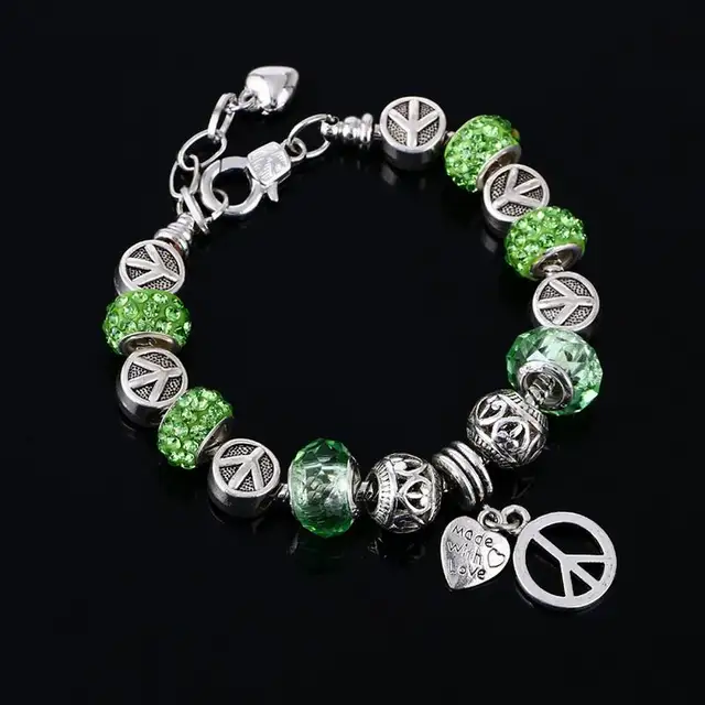 9colors European Crystal Charm Bracelets For Women Green European Crystal Charm Bracelets For Women Green Beads Metal Peace Sign Charms Bangles