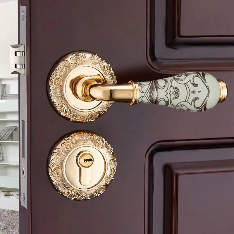 

72mm European Simple wooden door Antique Caved Rose Mute Lock Zinc Alloy indoor Handles Bedroom Crackle Ceramic Gold Bronze Lock