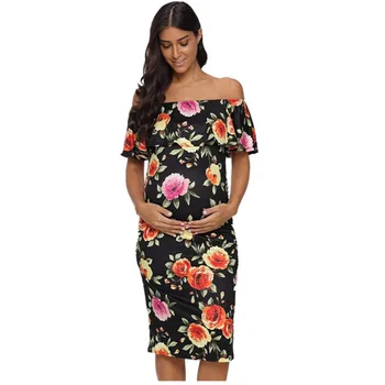 

Fashion Maternity Dresses Ruffle Floral Print Dress Pregnancy Props 2019 Off Shoulder Clothes Plus Size Dress Summer S-2XL